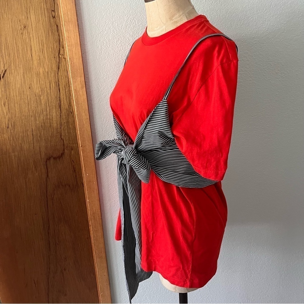 MSGM sz S Red Short Sleeve Tshirt w/ Detachable Bow Tie Tank Top Striped - Picture 4 of 8